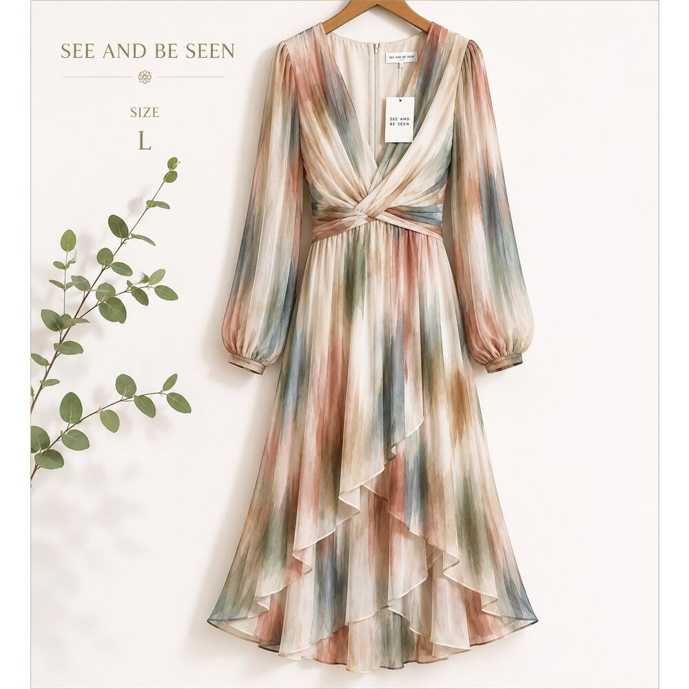 See and Be Seen Watercolor Maxi Midi Dress Flowy Long Sleeve NWT Large